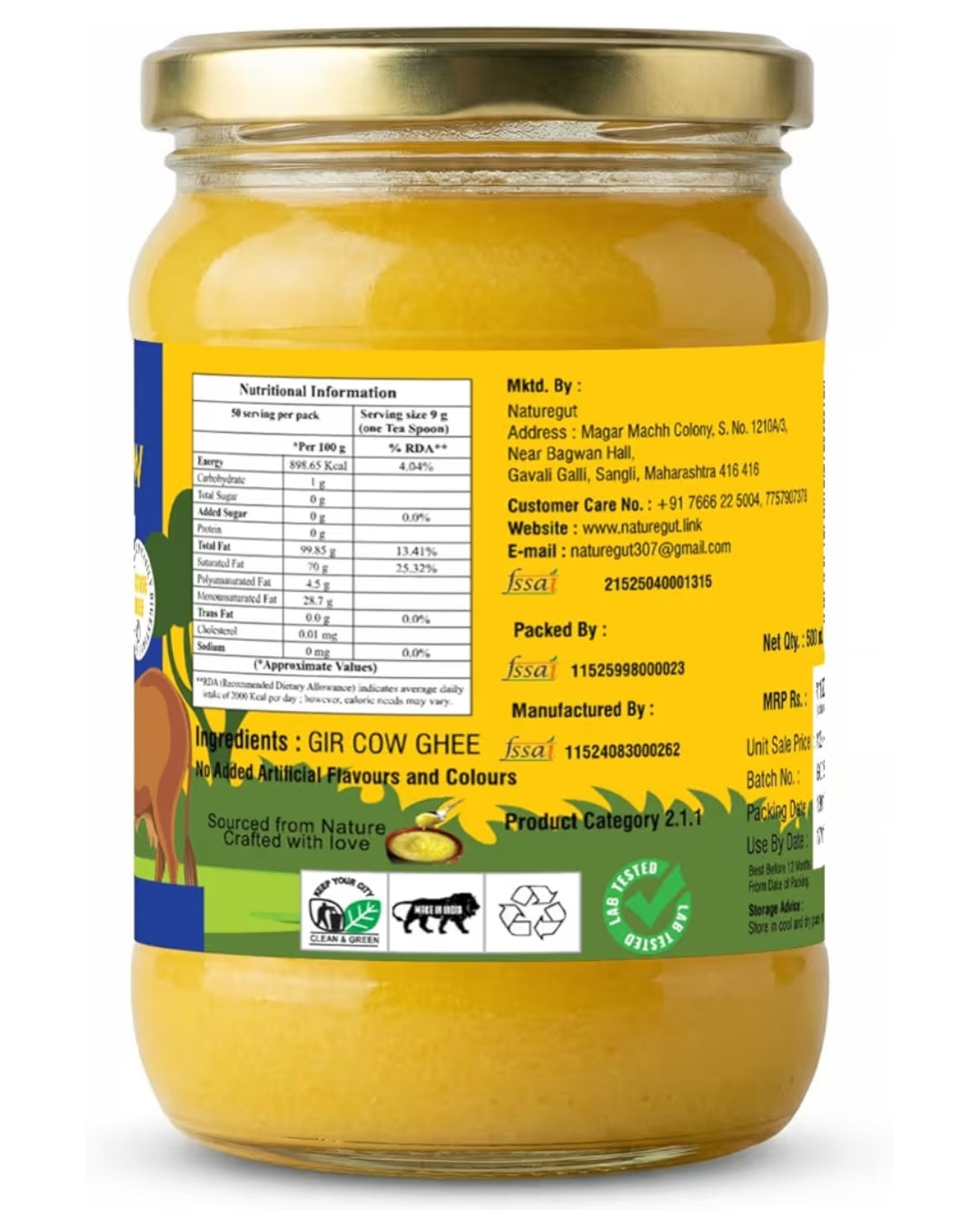 500 ml Naturegut A2 Gir Cow Cultured Ghee